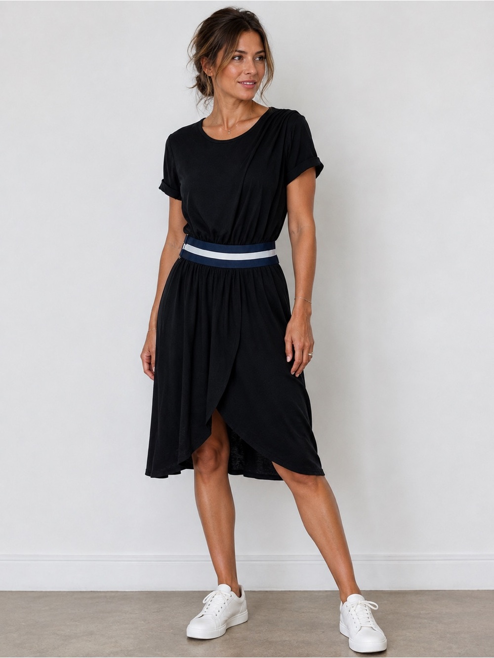 BCBG Max Azaria Asymmetrical Hem Black Belted Dress Small